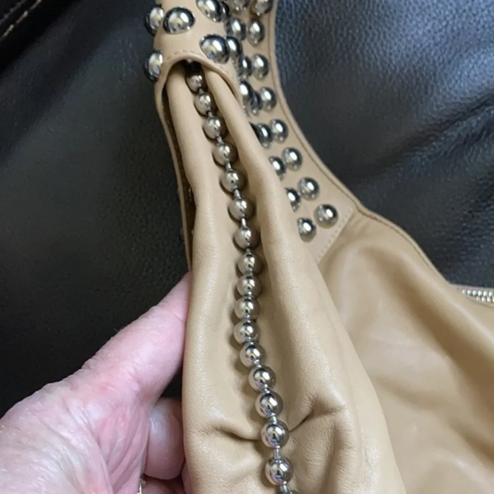G series camel faux leather hobo purse with large silver decorative studs